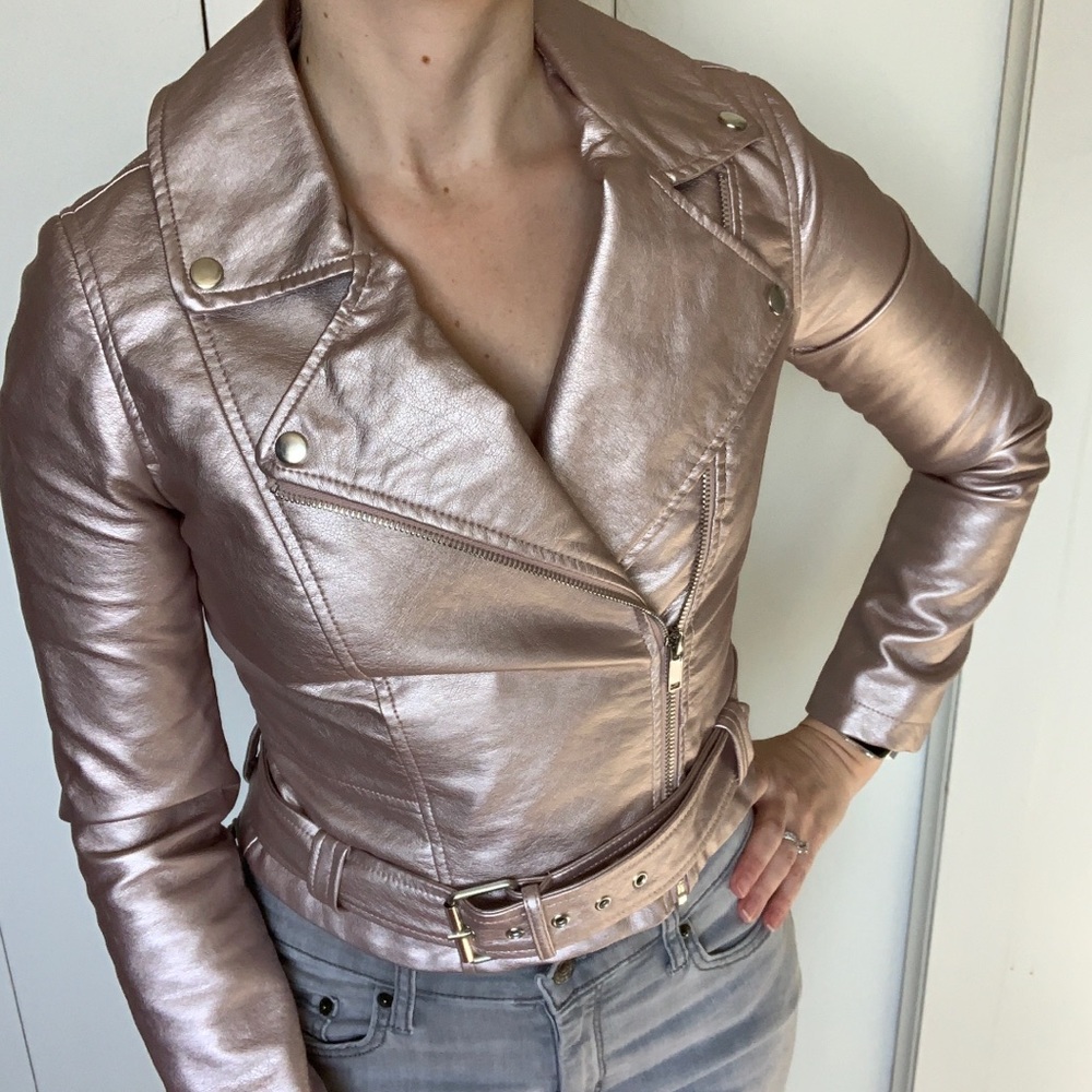 Pale pink faux leather moto jacket